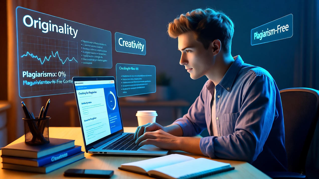 Young man working on a laptop in a dimly lit room, analyzing plagiarism reports and originality scores on screen, surrounded by digital graphics showing terms like “Originality,” “Creativity,” and “Plagiarism-Free,” representing content writing, academic integrity, and AI plagiarism detection tools.